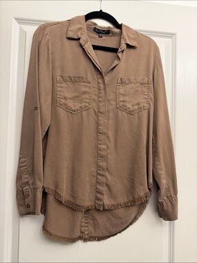 Velvet Heart Tan Button-Down Shirt with Fringe Hem